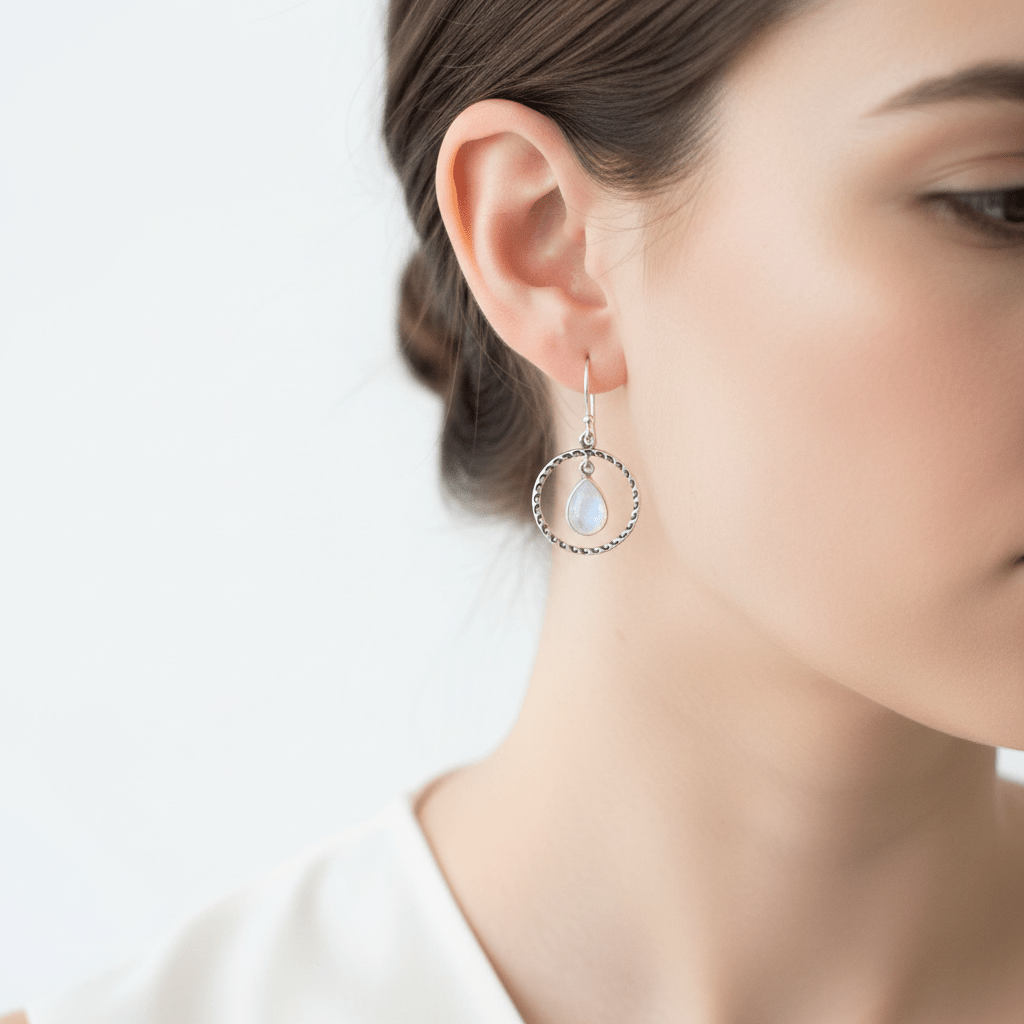 pendientes aros de plata con mineral Piedra Luna